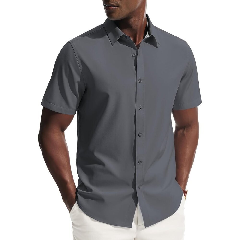 Men's Grey Short Sleeve Dress Stretch Wrinkle Free Untucked Shirts